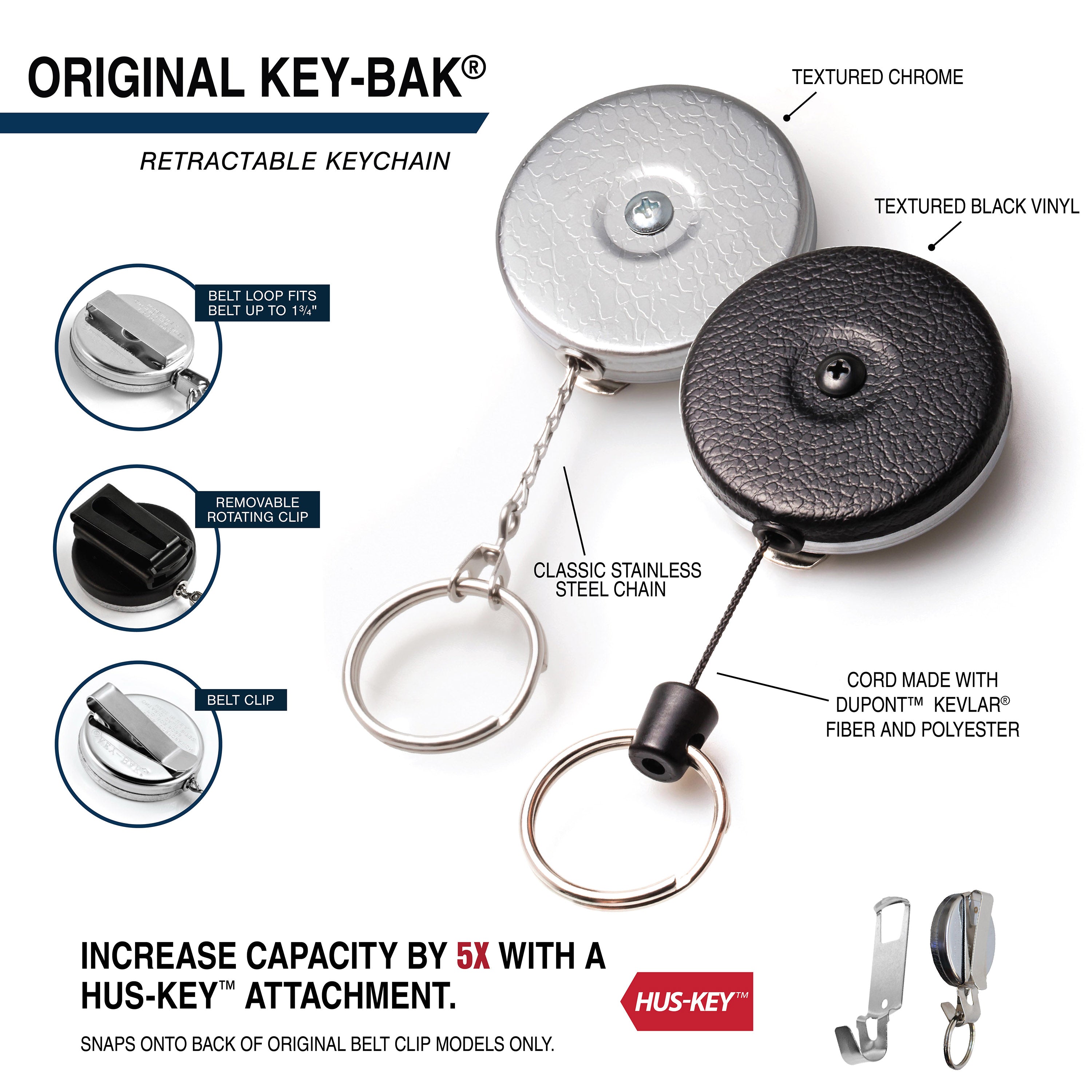 ORIGINAL Retractable Keychain In Vintage Chrome Or Vinyl Black – KEY-BAK